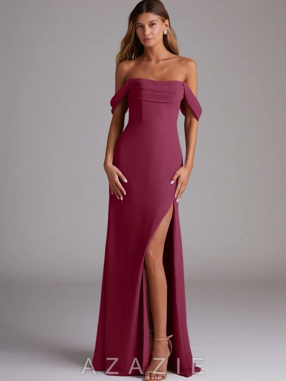 Azazie Burgundy Off-Shoulder Maxi Gown - Picture 2 of 2